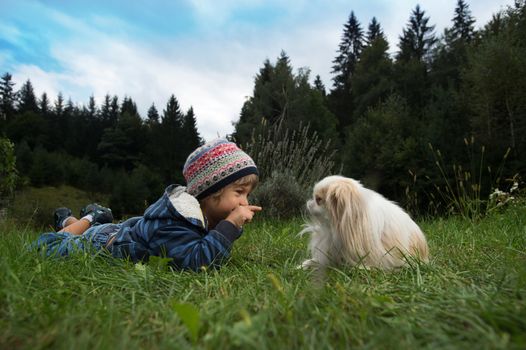 Cute little boy and his dog rolling on the grass looking at each other