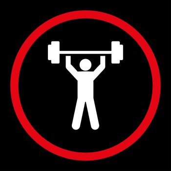 Power lifting icon. This rounded flat symbol is drawn with red and white colors on a black background.