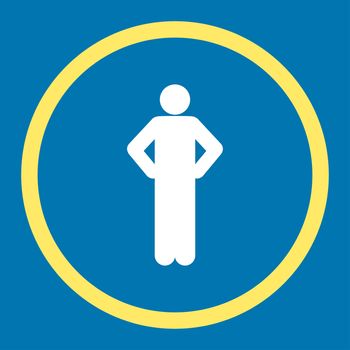 Akimbo icon. This rounded flat symbol is drawn with yellow and white colors on a blue background.