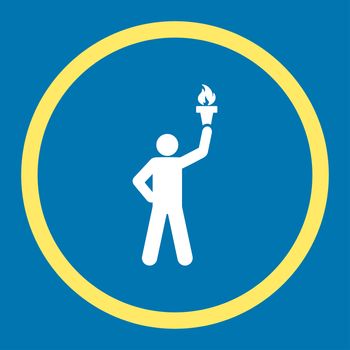 Freedom torch icon. This rounded flat symbol is drawn with yellow and white colors on a blue background.