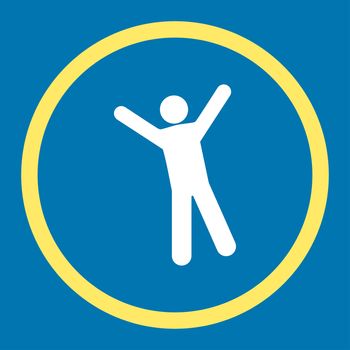 Joy icon. This rounded flat symbol is drawn with yellow and white colors on a blue background.