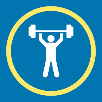 Power lifting icon. This rounded flat symbol is drawn with yellow and white colors on a blue background.