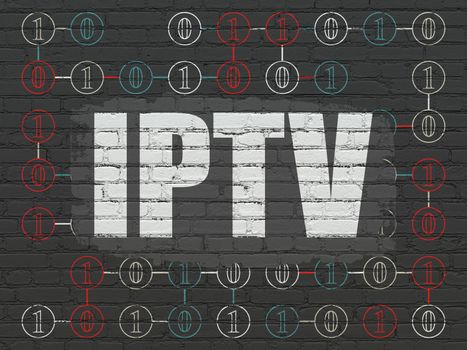 Web design concept: Painted white text IPTV on Black Brick wall background with Scheme Of Binary Code, 3d render