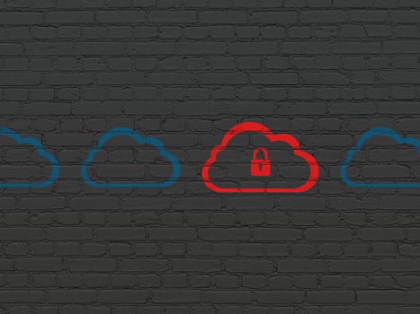 Cloud technology concept: row of Painted blue cloud icons around red cloud with padlock icon on Black Brick wall background, 3d render