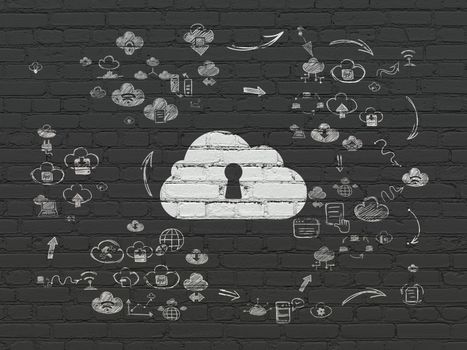 Cloud technology concept: Painted white Cloud With Keyhole icon on Black Brick wall background with Scheme Of Hand Drawn Cloud Technology Icons, 3d render