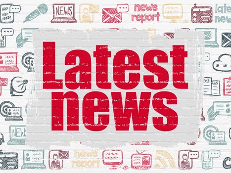 News concept: Painted red text Latest News on White Brick wall background with  Hand Drawn News Icons, 3d render
