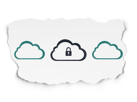 Cloud computing concept: row of Painted blue cloud icons around black cloud with padlock icon on Torn Paper background, 3d render