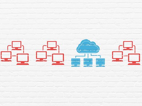 Cloud networking concept: row of Painted red lan computer network icons around blue cloud network icon on White Brick wall background, 3d render