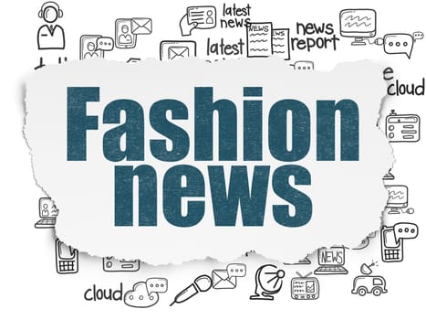 News concept: Painted blue text Fashion News on Torn Paper background with  Hand Drawn News Icons, 3d render