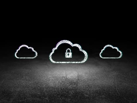 Cloud technology concept: row of Glowing cloud icons around cloud with padlock icon in grunge dark room Dirty Floor, dark background, 3d render