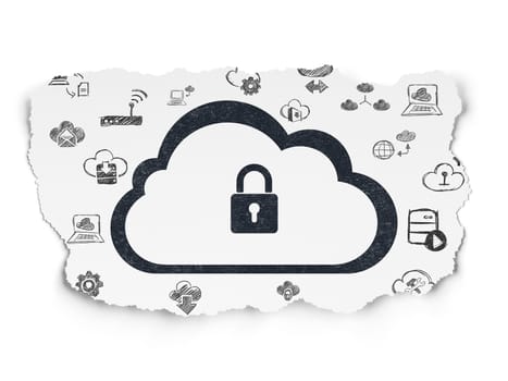 Cloud technology concept: Painted black Cloud With Padlock icon on Torn Paper background with  Hand Drawn Cloud Technology Icons, 3d render