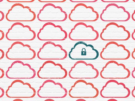 Cloud computing concept: rows of Painted red cloud icons around blue cloud with padlock icon on White Brick wall background, 3d render