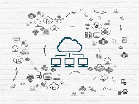 Cloud technology concept: Painted blue Cloud Network icon on White Brick wall background with Scheme Of Hand Drawn Cloud Technology Icons, 3d render