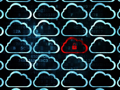Cloud technology concept: rows of Pixelated blue cloud icons around red cloud with padlock icon on Digital background, 3d render