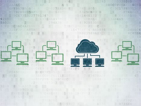 Cloud networking concept: row of Painted green lan computer network icons around blue cloud network icon on Digital Paper background, 3d render