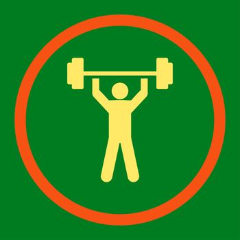 Power lifting icon. This rounded flat symbol is drawn with orange and yellow colors on a green background.