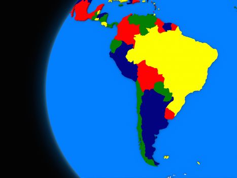 Illustration of south american continent on political globe with black background