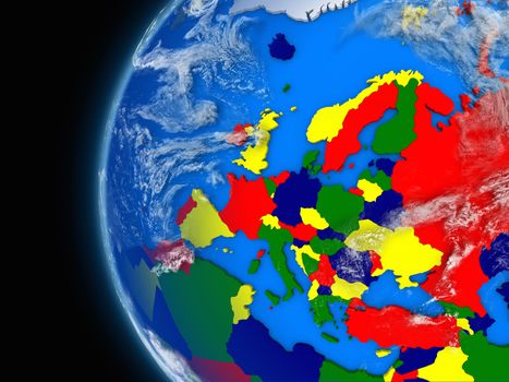 Illustration of European continent on political globe with atmospheric features and clouds