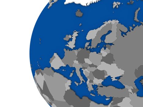 Illustration of European continent on political globe with white background