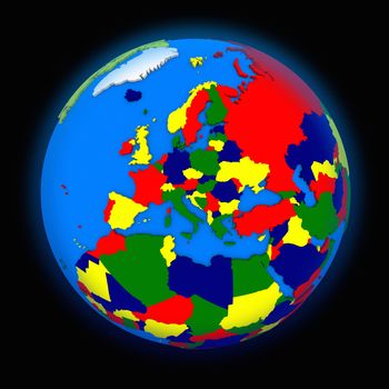 Europe on political globe on black background