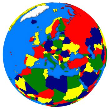 Political map of Europe on globe, illustration isolated on white background