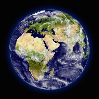 Realistic illustration of planet Earth as seen from space facing Africa, Europe and middle east region