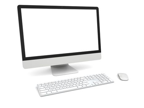 Modern desktop computer with white blank screen isolated on white background