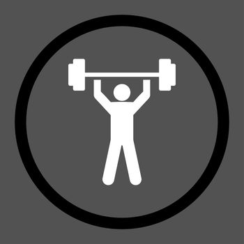 Power lifting icon. This rounded flat symbol is drawn with black and white colors on a gray background.