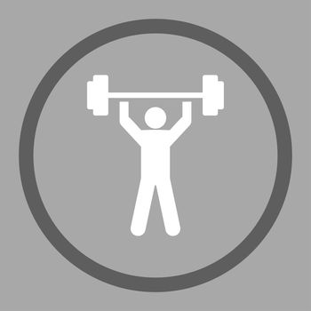 Power lifting icon. This rounded flat symbol is drawn with dark gray and white colors on a silver background.