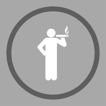 Smoking icon. This rounded flat symbol is drawn with dark gray and white colors on a silver background.