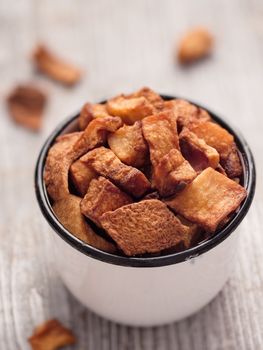 close up of rustic deep fried crispy pork rind