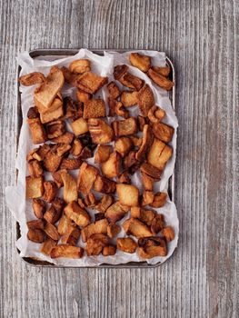 close up of rustic deep fried crispy pork rind