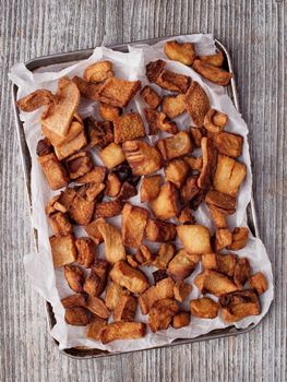 close up of rustic deep fried crispy pork rind