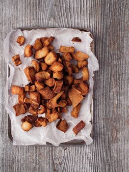 close up of rustic deep fried crispy pork rind