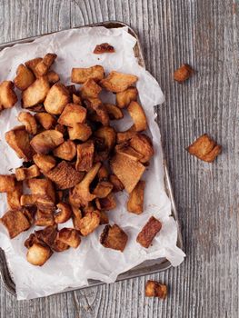 close up of rustic deep fried crispy pork rind