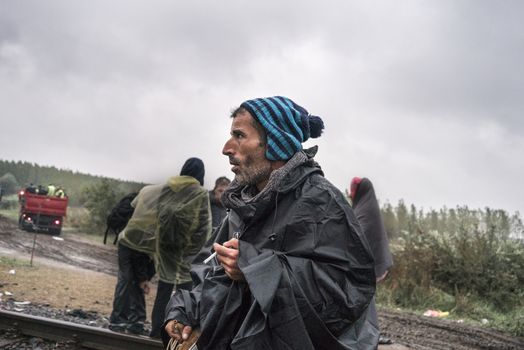 HUNGARY, Roszke: An elderly man waits as the difficulties of living in Hungary's Roszke refugee camp is documented between September 8 and 12, 2015, as Europe's refugee crisis continues. 