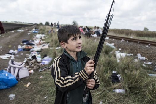 HUNGARY, Roszke: A boy helps his family to disassemble a tent  as the difficulties of living in Hungary's Roszke refugee camp is documented between September 8 and 12, 2015, as Europe's refugee crisis continues. 