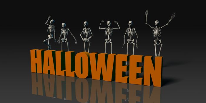 Halloween Postcard with Skeleton Group Crowd Moving as Concept