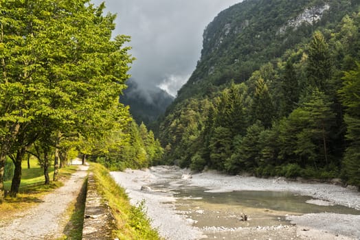 mountain path in the forest near the river with clouds at the horizon, Molveno - Dolomiti of Brenta, Trentino - Italy