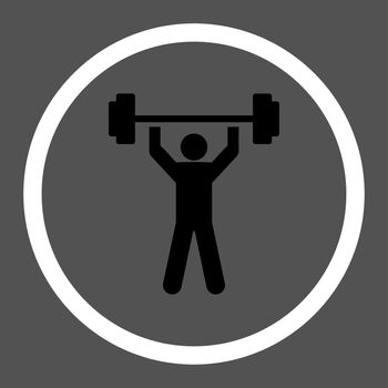 Power lifting glyph icon. This rounded flat symbol is drawn with black and white colors on a gray background.