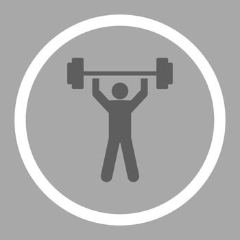 Power lifting glyph icon. This rounded flat symbol is drawn with dark gray and white colors on a silver background.