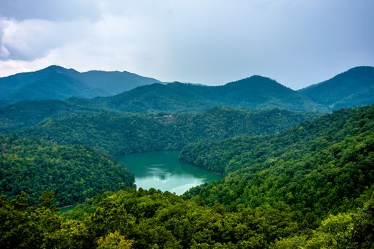 beautiful aerial scenery over lake fontana in great smoky mountains