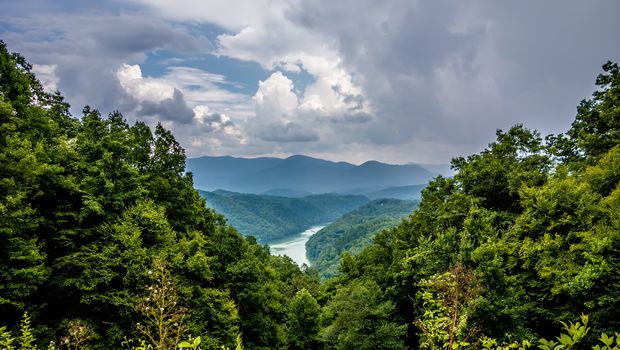 beautiful aerial scenery over lake fontana in great smoky mountains