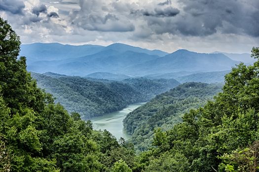 beautiful aerial scenery over lake fontana in great smoky mountains
