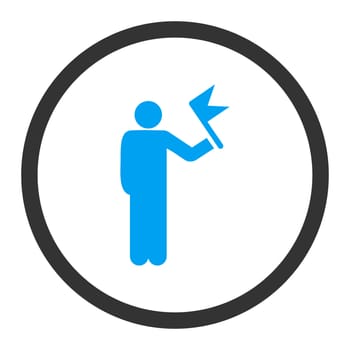Man with Flag glyph icon. This rounded flat symbol is drawn with blue and gray colors on a white background.