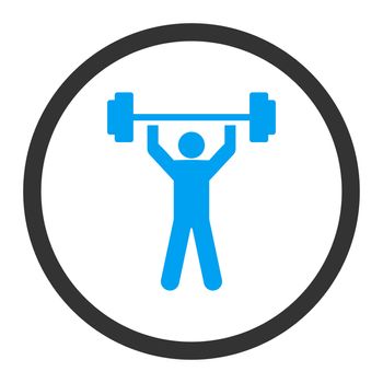 Power lifting glyph icon. This rounded flat symbol is drawn with blue and gray colors on a white background.