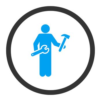 Serviceman glyph icon. This rounded flat symbol is drawn with blue and gray colors on a white background.