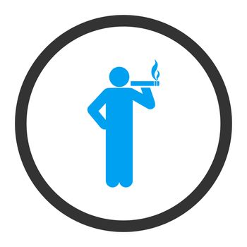 Smoking glyph icon. This rounded flat symbol is drawn with blue and gray colors on a white background.