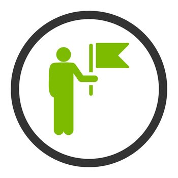 Commander with Flag glyph icon. This rounded flat symbol is drawn with eco green and gray colors on a white background.
