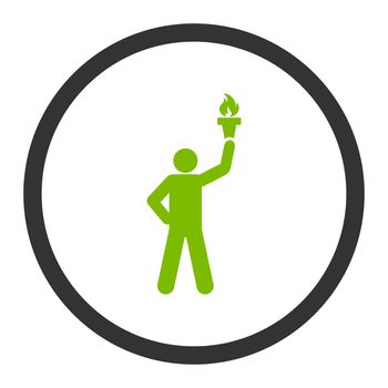 Freedom torch glyph icon. This rounded flat symbol is drawn with eco green and gray colors on a white background.